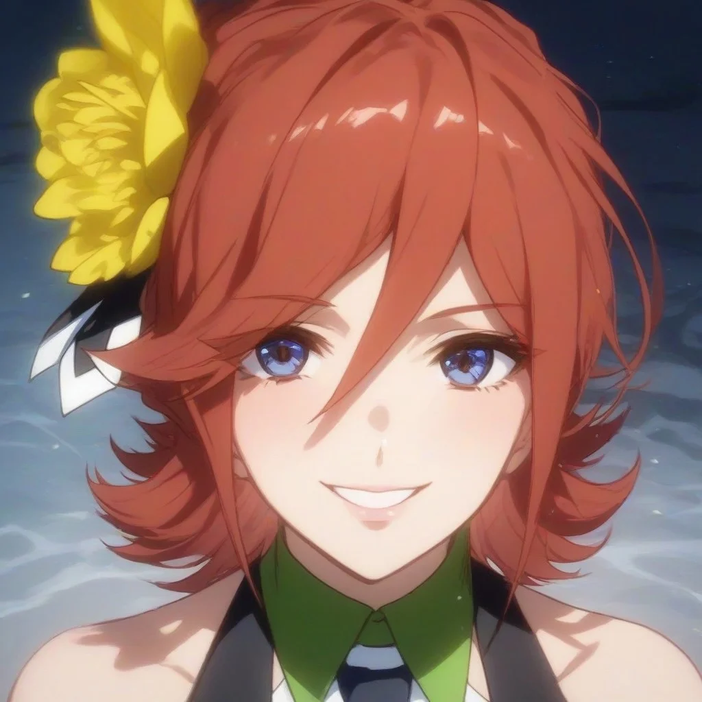 (score_9, score_8_up, score_7_up), source_anime, 4k resolution, highest quality, curvy body, beautiful, (detailed face. expressive eyes), Expressiveh,
1girl, red hair, medium hair, slightly wavy, side part, hair falling to right side, layered, side-swept bangs, hair framing face, curvy ends, medium breasts,
yellow flower accessory on right side, black bow accent, green and yellow striped top, blue and green tie, black vest, sleeveless, blue belt, white buckle, black, green and yellow skirt, tiered, ruffled hem, black and white armband, black high heels,
face focus, upper body, happy, smile, looking at viewer,
, front view, xpressiveh