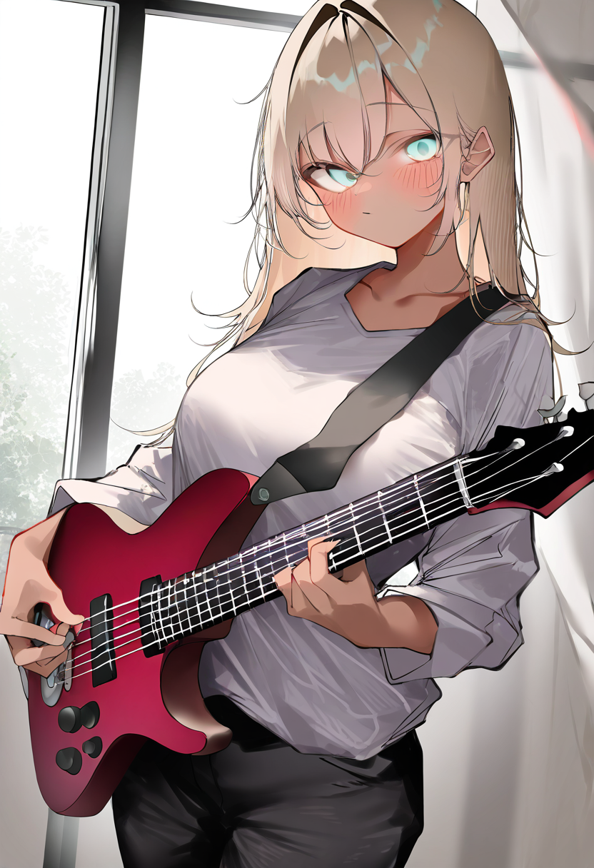 pepq,1girl, solo, instrument, blonde hair, long hair, guitar, dark-skinned female, dark skin, pants, electric guitar, indoors, shirt, looking at viewer, blush, holding instrument, holding, aqua eyes, white shirt, music, plectrum, playing instrument, standing, window, long sleeves, collarbone
best quality,amazing quality,very aesthetic,absurdres,year 2023,
<lora:pepq_NoobVpred05:1>,