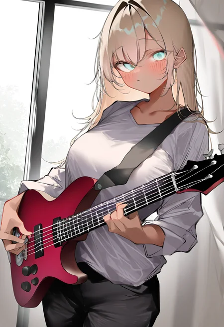 pepq,1girl, solo, instrument, blonde hair, long hair, guitar, dark-skinned female, dark skin, pants, electric guitar, indoors, shirt, looking at viewer, blush, holding instrument, holding, aqua eyes, white shirt, music, plectrum, playing instrument, standing, window, long sleeves, collarbone
best quality,amazing quality,very aesthetic,absurdres,year 2023,
<lora:pepq_NoobVpred05:1>,