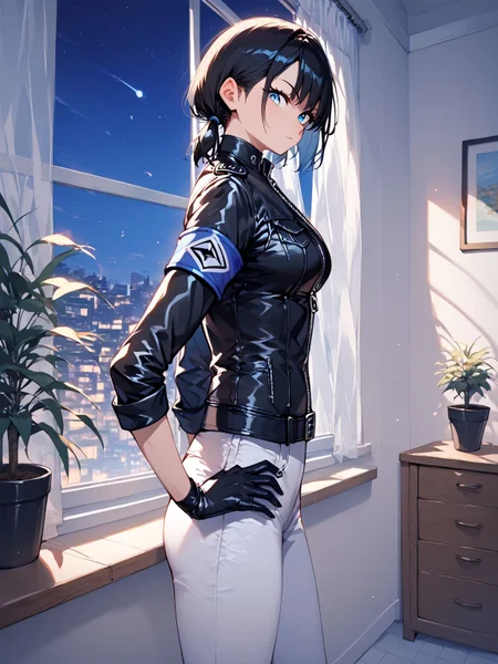 score_9,score_8_up,score_7_up,score_6_up,score_5_up,score_4_up,source_anime,1girl,solo,breasts,medium breasts,curvy,<lora:PD_femaleguard:0.9>,femaleguarduniform,sleeves rolled up,black jacket,leather,leather jacket,zipper,armband,gloves,black gloves,pants,white pants,pants tucked in,black hair,short hair,low twintails,blue eyes,indoors,standing,cowboy shot,window,night,night_sky,tile floor,tile wall,hands on own hips,potted plant,plant,looking at viewer,from side,