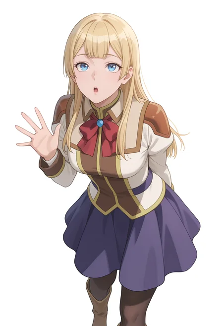 Smooth Quality,masterpiece,very intricate, high quality details, ultra realistic, high detailed skin,
simple background, white background,
dynamic angle,;o,waving ,standing, arms behind back, looking up, calm expression, relaxed posture,  ,
<lora:Rembrandt_Sifcnn:0.7> RembrandtSif/cnn, 1girl, solo, long hair, blonde hair, blue eyes,
pantyhose, skirt, black pantyhose,boots, uniform,