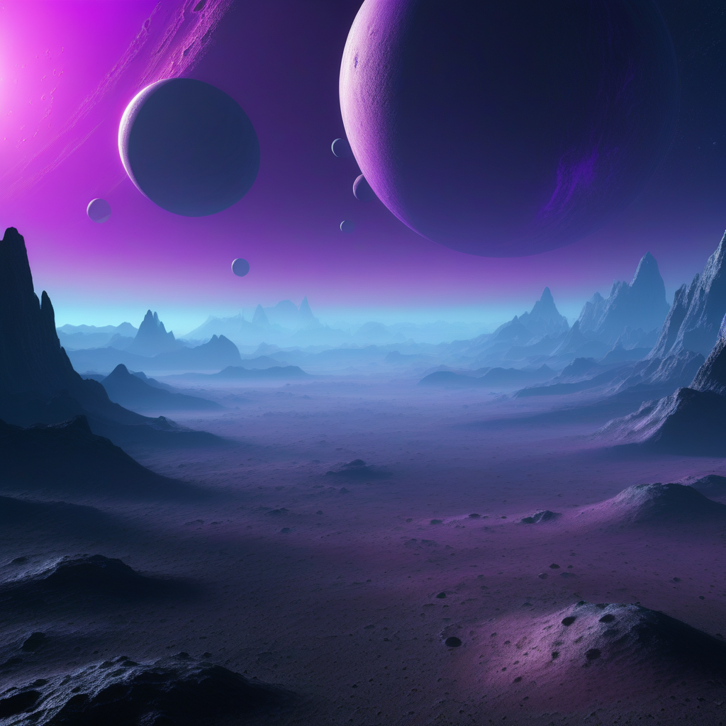 Create a hyper-realistic alien landscape on a distant planet with several moons orbiting above. The terrain consists of jagged mountains and deep valleys covered in an ethereal blue mist. Above, multiple large moons and planets hover in the sky, each casting unique shadows on the terrain. The light from a distant, bright purple star casts a soft glow across the horizon, creating a surreal yet believable atmosphere, where alien terrain and cosmic elements blend seamlessly.