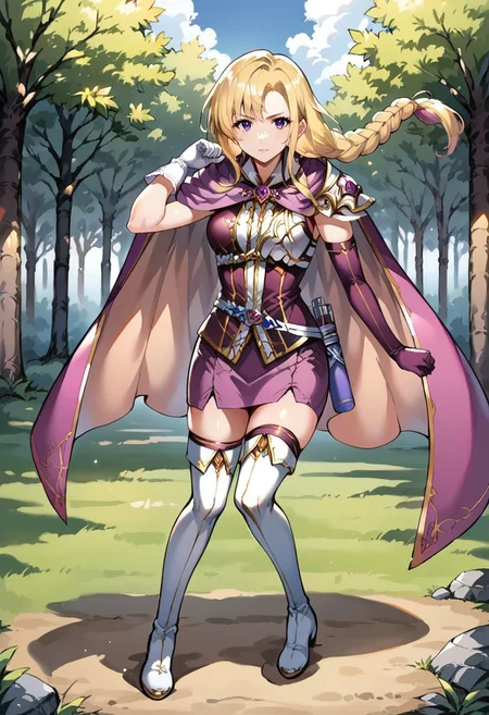 1girl, solo, alone, score_9, score_8_up, score_7_up, masterpiece, high quality, source_anime, very detailed, 

LosFE, blonde hair, long hair, single braid, purple eyes, purple sleeveless shirt, chest guard, single shoulder pad, two-tone cape, mismatched gloves, uneven gloves, white belt, pink skirt, purple thighhighs, white thigh boots, white footwear, zettai ryouiki, single purple elbow glove, hair over shoulder, white glove, gold trim, 

full body, action pose, dynamic pose,

forest, field, clearing, jumping at viewer, 