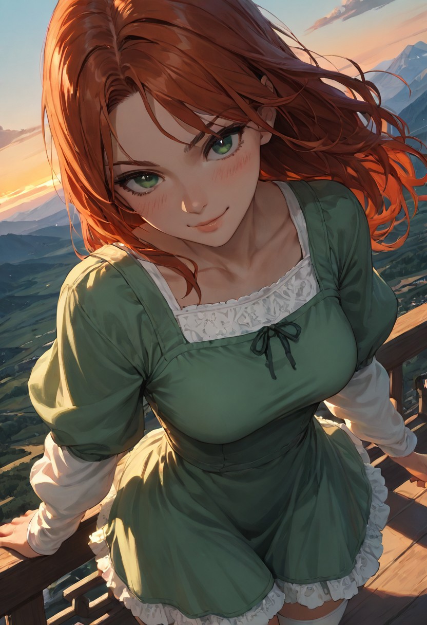 (score_9, score_8_up, score_7_up), zPDXL3, (drawn, wide hips:1.3),1girl, solo, medium breasts, redhead, 
green eyes, long hair, white thighhighs, green dress, from above, sunset, dynamic lighting, sundress, sleeves, blush, 
outdoors, mountains, river,  (face focus, close-up:1.4),
dutch angle, 
smug, confident, action pose, standing, ledge, (wind, windy skirt:1.2),