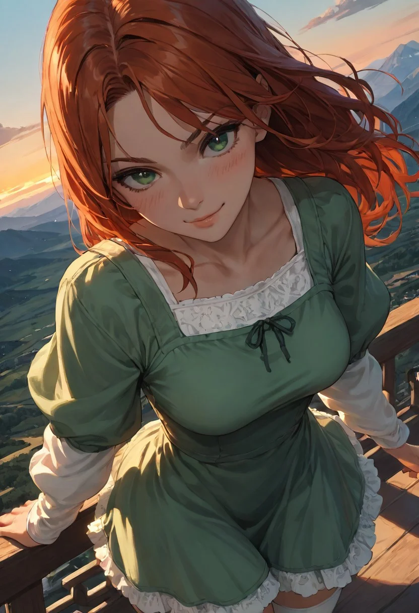 (score_9, score_8_up, score_7_up), zPDXL3, (drawn, wide hips:1.3),1girl, solo, medium breasts, redhead,
green eyes, long hair, white thighhighs, green dress, from above, sunset, dynamic lighting, sundress, sleeves, blush,
outdoors, mountains, river, (face focus, close-up:1.4),
dutch angle,
smug, confident, action pose, standing, ledge, (wind, windy skirt:1.2),