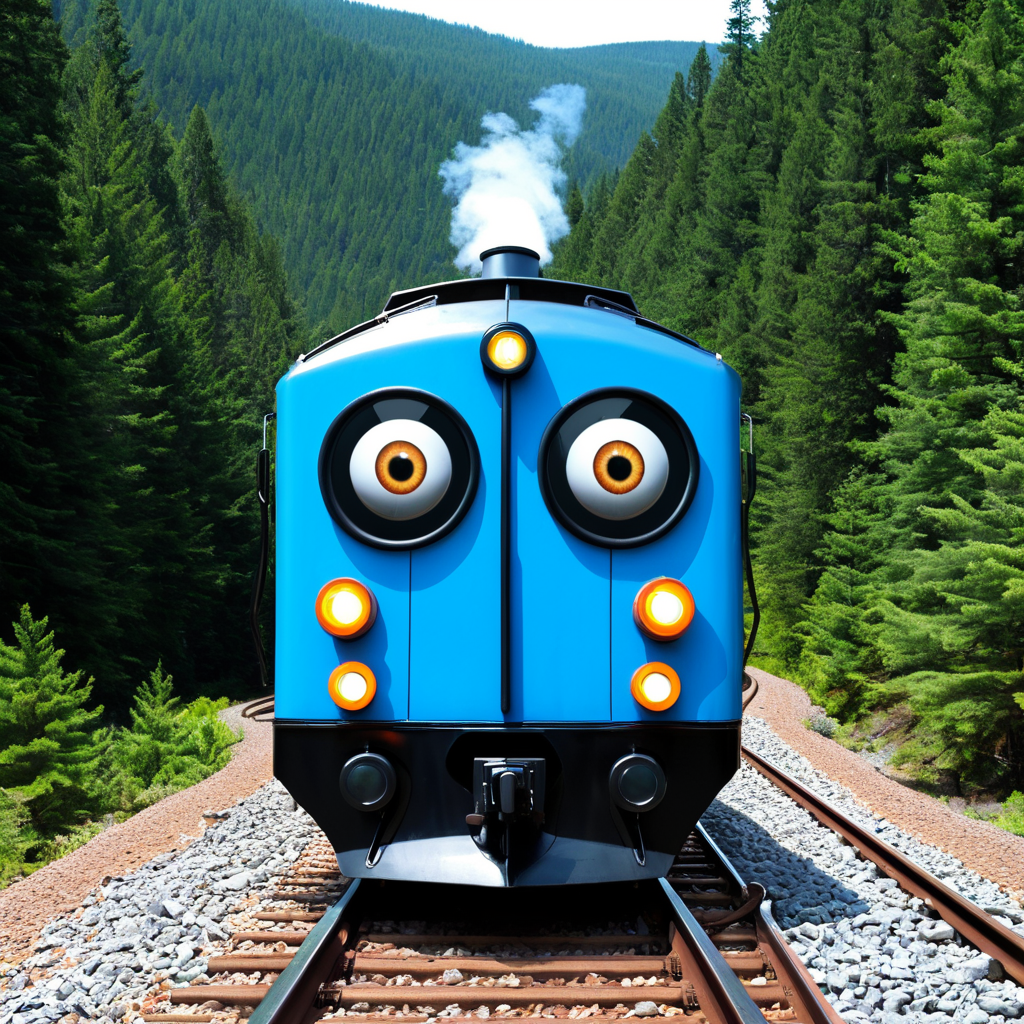 sfw, masterpiece, best quality,absurderes, <lora:AnirealismXL:0.9>,anireal,a train with googly eyes on train tracks going through a forest,vehicle focus