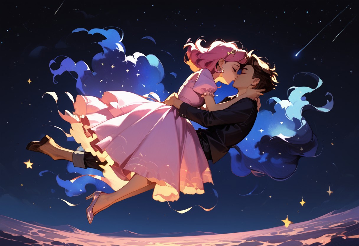 score_9, score_8_up, score_7_up, score_6_up, 1girl, ethereal, rated_safe, full body, floating, celestial beauty, fetal position, slinky night gown made of cosmic dust, swirling clouds of dark matter enfold her,  cosmic background,trippy pink stars, shooting stars