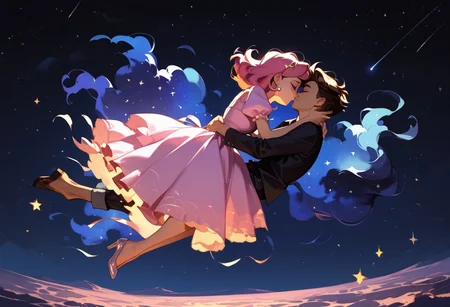 score_9, score_8_up, score_7_up, score_6_up, 1girl, ethereal, rated_safe, full body, floating, celestial beauty, fetal position, slinky night gown made of cosmic dust, swirling clouds of dark matter enfold her, cosmic background,trippy pink stars, shooting stars