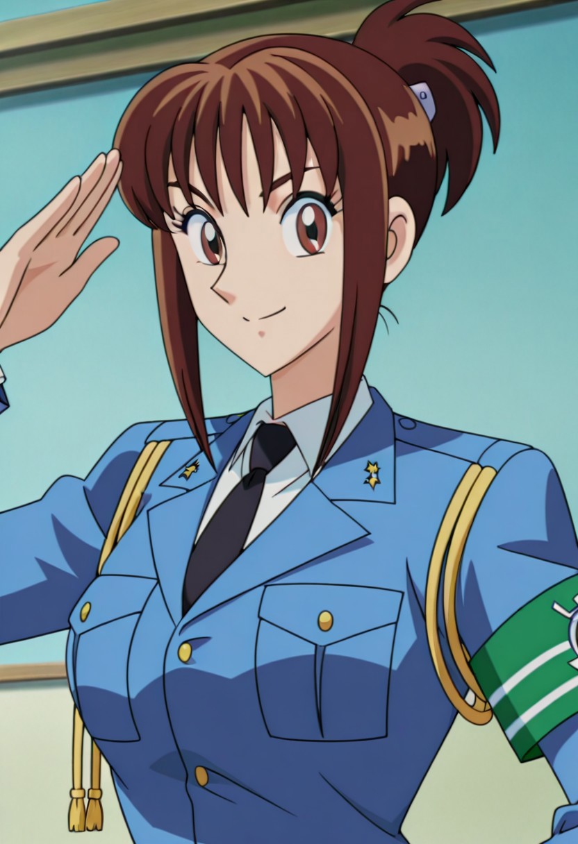 masterpiece, anime screencap, anime coloring, official style,
1girl, solo,
(kochikame,Matoi Giboshi,brown hair, brown eyes, ponytail, police uniform, police, uniform, policewoman, necktie, armband),smile,
looking at viewer, smile,salute