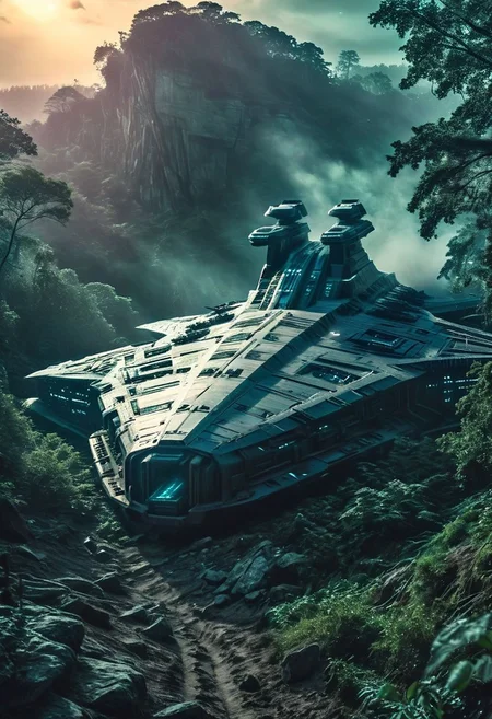 (((ray light, chromatic aberration, RAW photo, extremely details, photo of Mind blowing depth and foreground clarity))) stunning, high quality, photorealistic, an alien spaceship crashed ((on the edge of a cliff)) for several years and half buried in the earth, ((covered with dense vegetation)) with a glimmer of light inside, in the middle of a disturbing old forest, disturbing forest, an impressive and fascinating horror, ((dramatic lighting, detailed atmosphere, dark, moody, intricate details)), volumetric lighting, high resolution, 8k, best quality, soft shadows, hyper detailed, ultra detailed, ultra high definition, 8k, super sharp focus, great detail of textures, cinematic photo ((masterpiece))