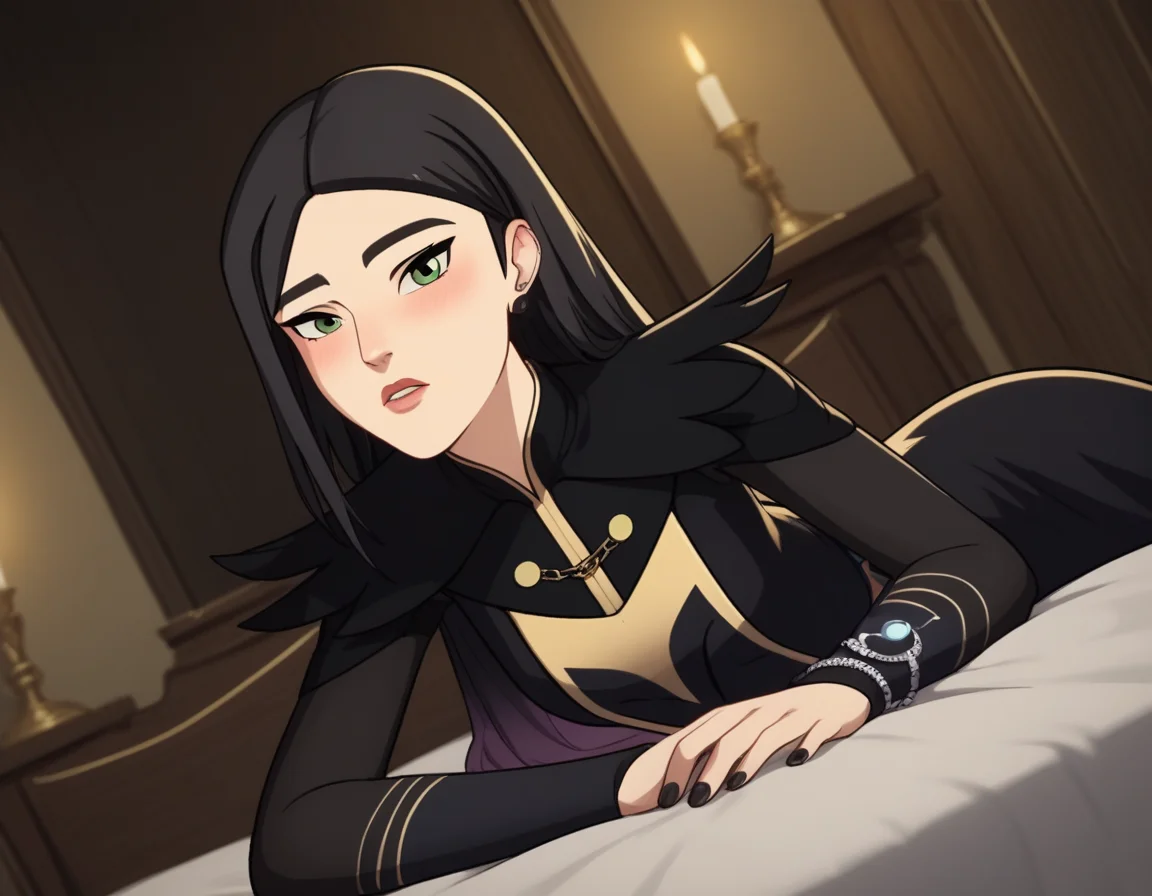 score_9, score_8_up, score_7_up, source_anime, <lora:dragon-prince-claudia-ponyxl-lora-nochekaiser:1>, claudia, long hair, black hair, green eyes, lips,, long sleeves, dress, jewelry, earrings, nail polish, black dress, black nails,, indoors, bed, bed room, on side, blush, drunk, looking at viewer, solo, cowboy shot, dutch angle