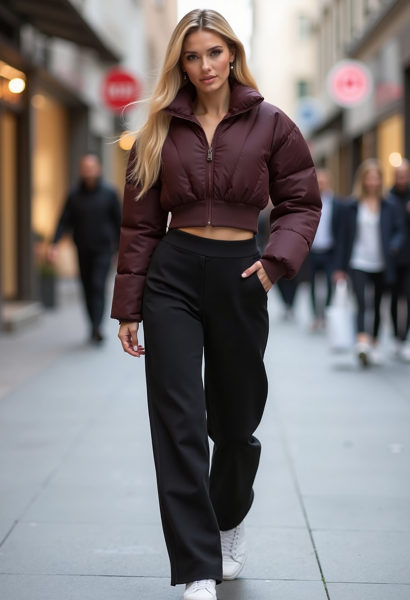 clo017, full body shot of a beautiful woman, lang blond hair, wearing a cropped chocolate-brown puffer jacket with a high collar and ribbed waist panels, ribbed waistband, long black trousers, white sneakers, walking on a shopping street