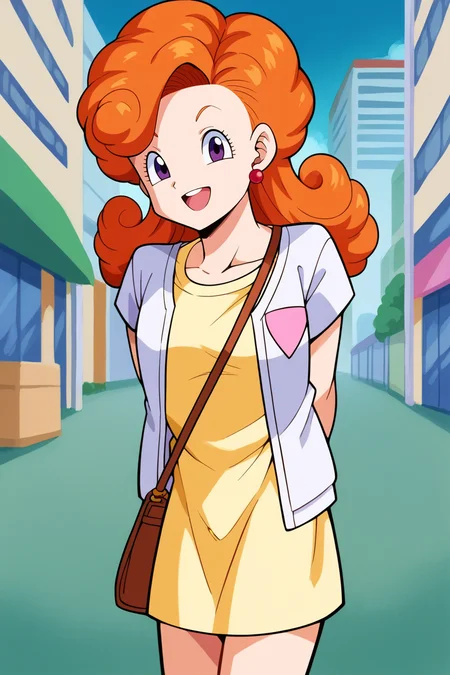 score_9, score_8_up, score_7_up,score_6_up, BREAK angela, 1girl,solo,cowboy shot, shoulder bag,red pearl earrings, dbcity, curly hair, brown handbag,contrapposto, white cardigan, long hair, open mouth, orange hair, smile, street, looking at viewer, yellow dress, pink badge, small breasts,short sleeves,purple eyes,short dress,leaning forward,pov, head tilt, hands behind back,building,blue sky,(from side:0.7) <lora:AngelaPony:1> <lora:DBCityPony3:1>
