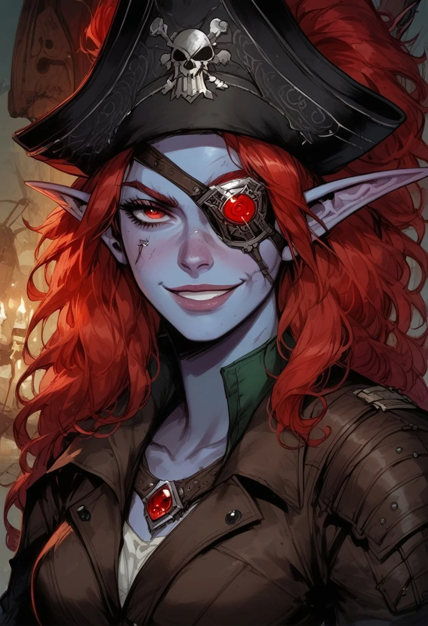 score_9, score_8_up, score_7_up, BREAK, 1woman portrait, beautiful, dramatic lights ((Elf, rogue, thief, pirate, eyepatch, metal eyepatch, eyepatch with red jewel, blue skin, red hair, gree eyes, scars, scars on face, multiple scars, capitan hat, grin, smug, longe loose hair, sea background))
<lora:Fant5yP0ny:0.6> <lora:fantasy_world_pony:0.9>
<lora:Cherry-Gig:0.55>