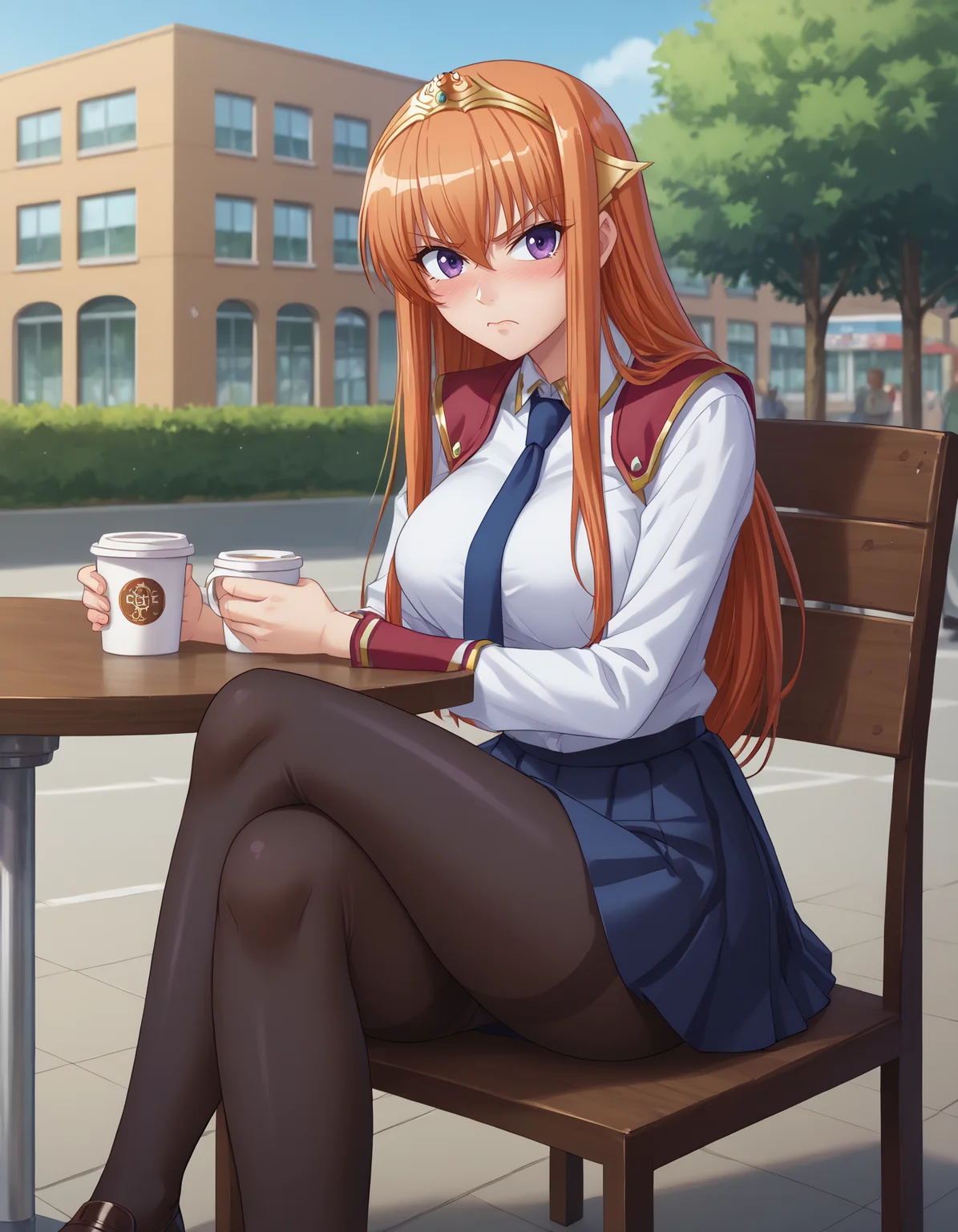 score_9, score_8_up, score_7_up, score_6_up, uncensored, break, masterpiece, best quality, anime screencap, <lora:Anime_Screencap:1>, <lora:Maya_Cordelia:0.7>, <lora:PerfectEyesXL:1>, Maya Cordelia is sitting in cafe and drinking coffee, crossed legs, 1girl, solo, looking at viewer, determined, blush, orange hair, long hair, sidelocks, purple eyes, gold tiara, school uniform, white dress shirt, necktie, blue skirt, pleated skirt, pantyhose, loafers, curvy, large breasts, thighs, outdoors, day, city, cafe, chair,street, detailed background,