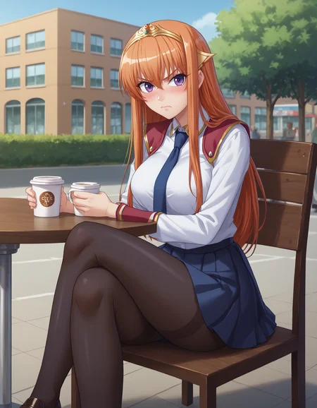 score_9, score_8_up, score_7_up, score_6_up, uncensored, break, masterpiece, best quality, anime screencap, <lora:Anime_Screencap:1>, <lora:Maya_Cordelia:0.7>, <lora:PerfectEyesXL:1>, Maya Cordelia is sitting in cafe and drinking coffee, crossed legs, 1girl, solo, looking at viewer, determined, blush, orange hair, long hair, sidelocks, purple eyes, gold tiara, school uniform, white dress shirt, necktie, blue skirt, pleated skirt, pantyhose, loafers, curvy, large breasts, thighs, outdoors, day, city, cafe, chair,street, detailed background,