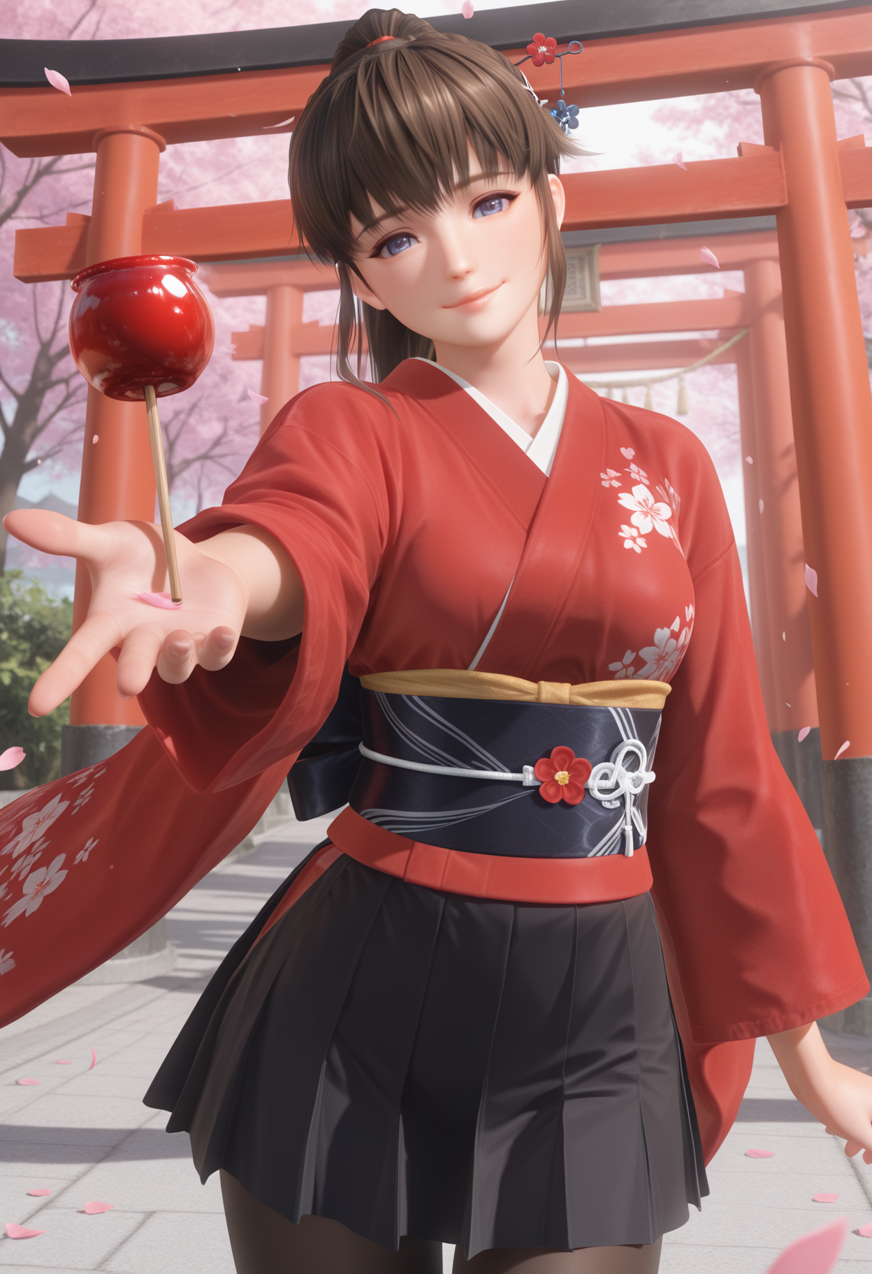 masterpiece,best quality,amazing quality,absurdres,aesthetic,newest,   hitomi \(doaxvv\), 1girl, solo, head tilt, closed mouth, looking at viewer,  deep blue eyes, lips, brown hair, ponytail, blunt bangs, short sidelocks,  looking at viewer, smile, outstretched hand,reaching towards viewer, candy apple, sash, wide sleeves, obi, red kimono,black skirt, long sleeves,  black pantyhose, reaching, hairpin, cowboy shot,  x hair ornament, pleated skirt,  torii,  flower,petals, <lora:None:1.0> <lora:doa_hitomi_ponytail_karategi_vpred_v10:1.0000000000000002>