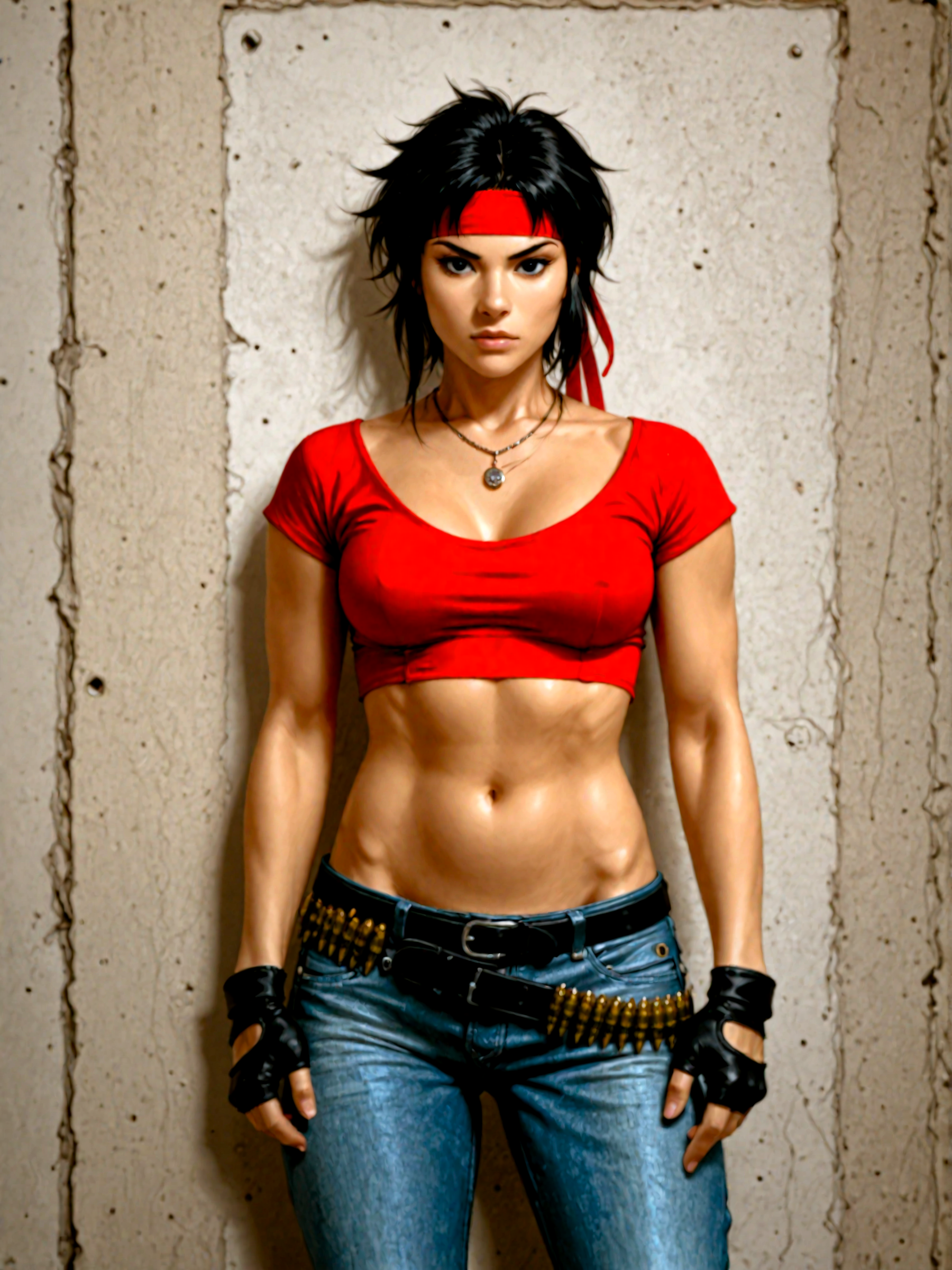 ILXLpos,rosa_f, 1girl, cropped shirt, black hair, black eyes, cropped shirt, necklace, headband, ribbon, bullet, belt, jeans, red shirt, fingerless gloves,looking at viewer,solo,<lora:Rosa:0.8>