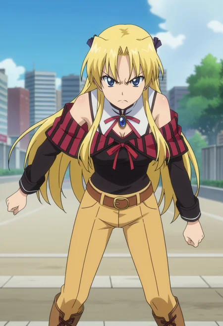 score_9, score_8_up, score_7_up, source_anime,
BREAK
1girl, solo,
<lora:shiCampEricaV1:1>, anime screencap, anime coloring,
shiericabattle, long hair, blue eyes, blonde hair,
black shirt, striped shirt, boots, pants, belt,
looking at viewer, angry,
outdoors, city,