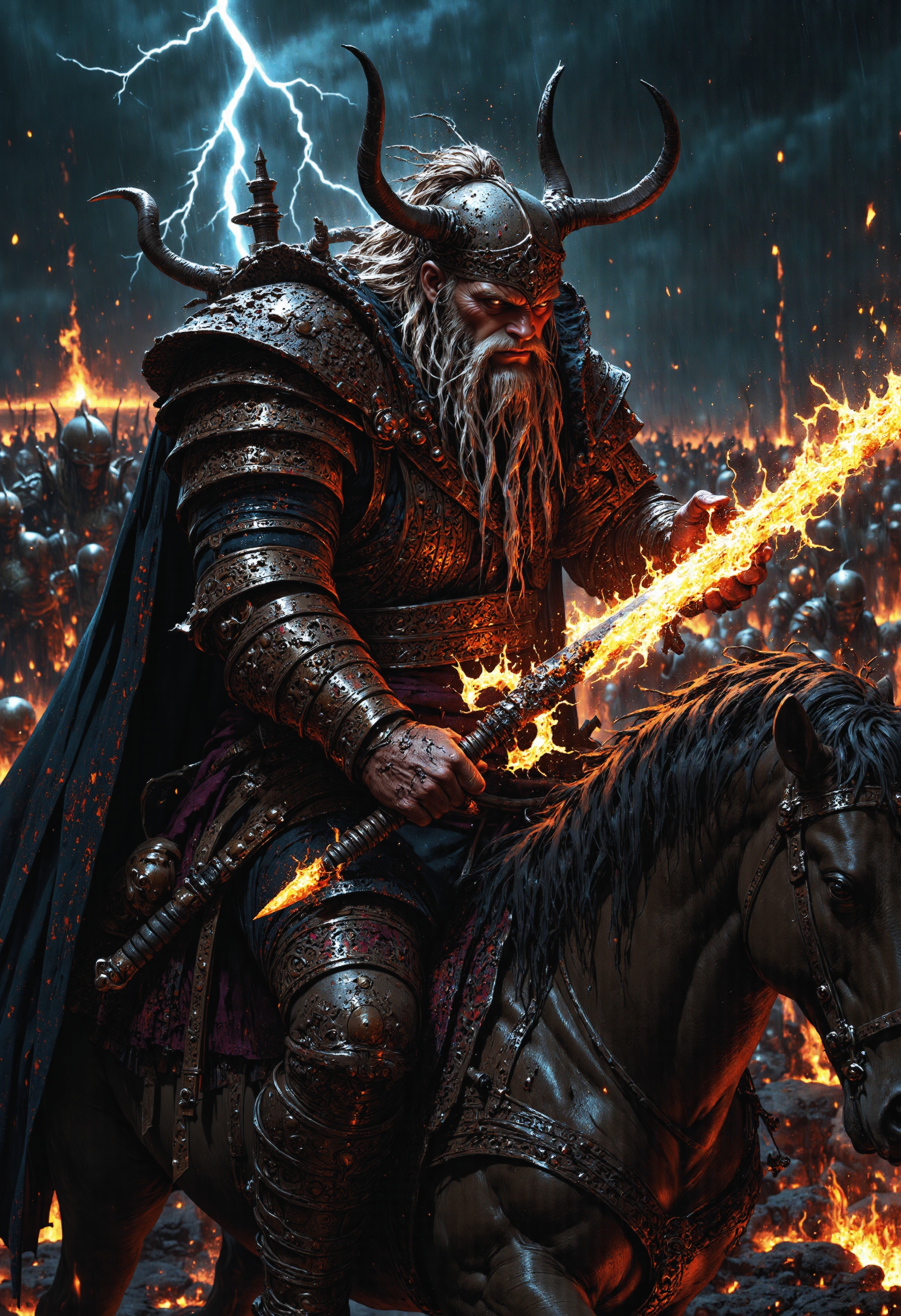 Closeup shot. In the ominous gloom of a storm-wracked twilight sky, a top angle shot of a grizzled old tall and lanky Viking warrior riding a horse amidst the raging maelstrom of battle. Wearing fiery lava viking armor and wielding a lava viking sword engulfed in flames . The air is heavy with the sounds of war, visualized as pulsating shockwaves emanating from clashing swords and shields, reverberating through the rain-soaked battlefield. Torrents of water stream down from the heavens, transforming the once verdant landscape into a treacherous quagmire of mud and blood. The skies above crackle with tempestuous energy, jagged bolts of lightning tearing through the firmament, their stark brilliance casting an otherworldly radiance upon the carnage below. Each flash of lightning illuminates the warrior's weathered visage, his eyes ablaze with the unquenchable fire of determination as he wields his mud-splattered blade against his foes. The cacophony of the storm and the clamor of combat merge into a deafening symphony, visualized as palpable vibrations that shake the very earth itself, underscoring the relentless fury of the old Viking as he faces the tempest and his enemies with unwavering resolve. 
realistic, outdoors, night, Cinematic style, Realism, Photorealism, Chiaroscuro, High quality, perfection style, super closeup. (photography, high-resolution, dynamic, energetic,hyper-realistic, dramatic lighting)