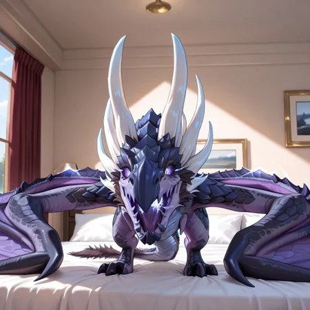 1girl, highres, absurdres, newest, masterpiece, best quality, furry, furry_female, raszageth_wc, dragon, scales, wings, horns, tail, wyvern, purple sclera, glowing eyes, 1girl, ((wyvern, no hands, no claws:1.3) (feral, quadruped:1.3), (on belly), open_mouth, open mouth smile, luxurious detailed room, bright room, day scene, professional lighting, white bed, solo, bedroom, smiling, seductive, looking_at_viewer, masterpiece, close up, safe