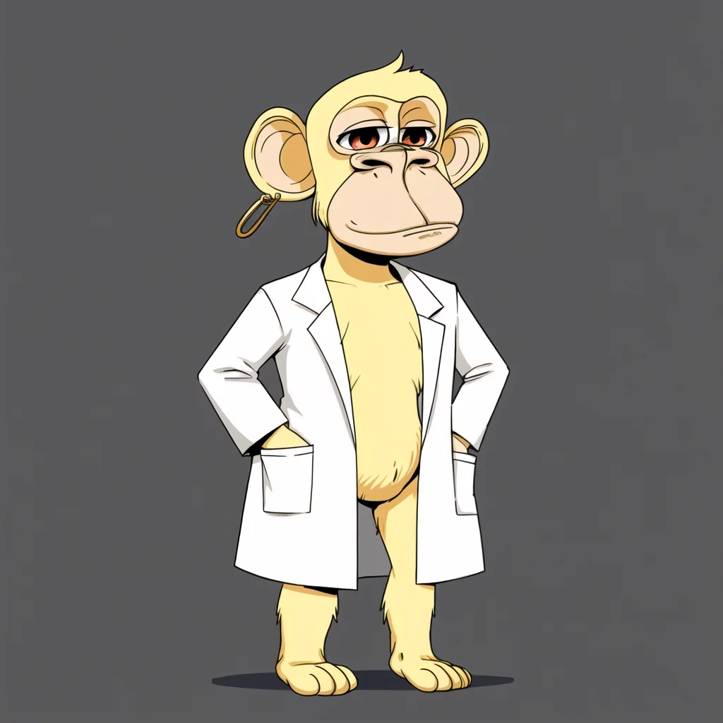 BAYC, flat yellow background, earring, full body, caricature, ape, monkey, 1girl, short hair, cream fur, big eyes, lab coat, <lora:BAYC_LoRA:0.6>