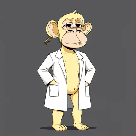 BAYC, flat yellow background, earring, full body, caricature, ape, monkey, 1girl, short hair, cream fur, big eyes, lab coat, <lora:BAYC_LoRA:0.6>