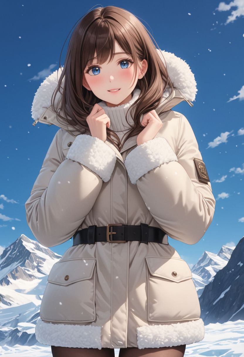 ((((white Oversized shearling down jacket)))), ((((white Oversized shearling puffer jacket)))), ((((white Oversized shearling winter clothes)))), ((((very very cold, in cold)))), ((((semi-realistic)))), ((((puffer hood)))), ((medium knee office skirt, pantyhose, boots)), ((((cowboy shot)))), ((sharp eyelid, eyeliner, eyelashes, beautiful detailed eyes, tsurime, long messy brown hair, blue eyes, perfect anatomy)), detailed fingers, solo, smile, standing, icefield, ((((masterpiece)))), ((((best quality)))), ((intricate details)), RAW, 8K UHD, (1girl), office lady, detailed face, beautiful face, charming, bonny, (((blush))), (((heavy breathing))), (((feels orgasm))), wind, (Thick padded collar:1.4), (TSH:1.4), (Thick padded cuffs:1.4)