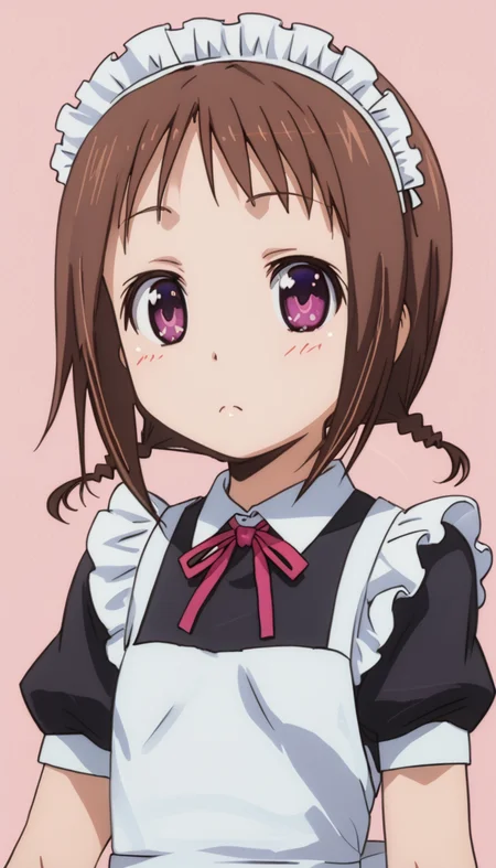 misatowakana,brown hair,purple eyes,short braids,simple background,<lora:Misato_Wakana-000010:1>,maid headdress,