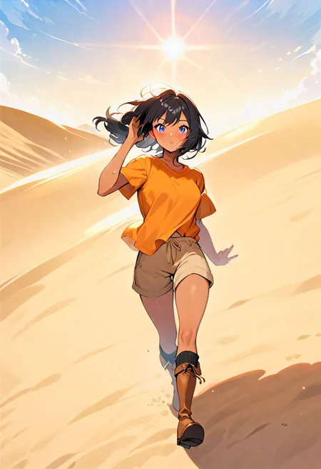 <lora:more_details:1>, drawn by master artist, tan skin, beautiful detailed skin, beautiful eyes, best quality, high quality, vivid colors, everything in sharp focus, very long black hair, dark blue eyes, full body,
Shading eyes with hand, outdoors, loose orange tshirt, (brown shorts), orange and white baseball cap, brown boots, sweat,  dolly shot, medium breasts, sandy desert, large sand dunes, lens flare, bright sun, hair blowing in wind, sand blowing in wind