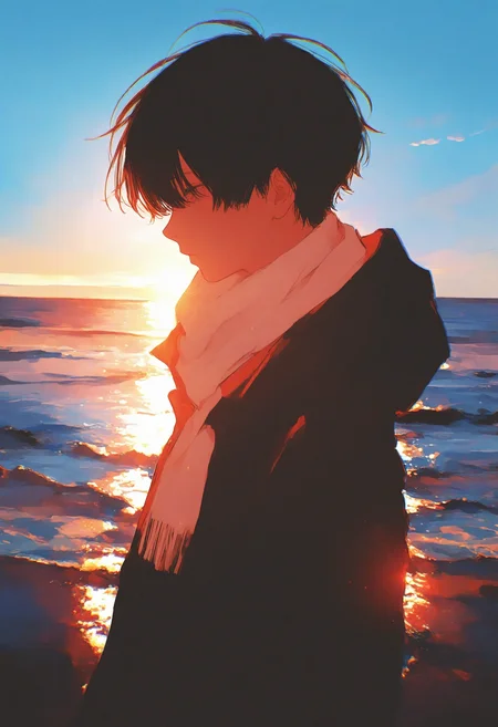1boy, male focus,
very awa, realistic, pastel colors, dusk, lens flare, chromatic aberration, 748cm, solo, short hair, from side, standing, dark, scarf, coat, long sleeves, light, backlighting, sunlight, profile, white scarf, hood, outdoors, ocean, black hair, water, twilight, arms at sides, cloud, sky, upper body, horizon, cloudy sky, hood down, looking afar, sunset, shade, blue sky,
A young man standing on a beach at sunset. he is facing away from the camera, with his back to the viewer. the sky is painted in a gradient of orange and pink hues, with the sun setting in the background. the overall mood of the image is peaceful and serene.
masterpiece, best quality
<lora:748cm-NoobEPS100-lokr-v03-000080:1>