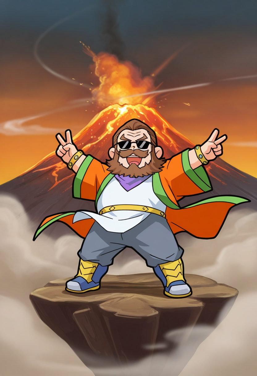 1boy, (chibi:1.5), sunglasses, v, volcano, eruption, dust cloud, floating clothes, open mouth, laughing, (solo:1.5),
BREAK
<lora:Ximen_Hao_from_Shenbingxiaojiang_v1.0:1>
ximenhao, mature male, brown hair, thick mustache, beard, long sideburns, thick eyebrows,
BREAK
orange robe, green trim, white shirt, purple scarf, gold belt, grey pants, yellow greaves, blue footwear, gold bracelet,
BREAK
very awa, masterpiece, best quality, absurdres, newest, perfect quality, detailed background, intricate details,