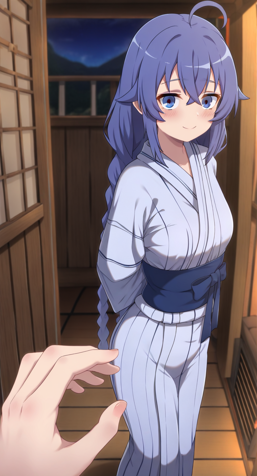 masterpiece, cute, lovely, newest, absurdres, (best quality:1.3), amazing quality, very aesthetic, 1girl, solo, blush, (big breasts:0.7), (Kamuo_Style), high gradient eyes, open eyes, big eyes, roxy migurdia, ahoge, blue eyes, blue hair, braid, hair between eyes, long hair, twin braids, very long hair, flushed, happy, dynamic angles, cinematic angles, warm colors, (solo, night, cloakroom, blurry background, side view, wavy hair, hair between eyes, standing, hands behind back, smiling, blush, blue yukata, blue sash, blue obi), (sexy perspective), (perfect hands, perfect fingers, anatomically correct hands, detail eyes)