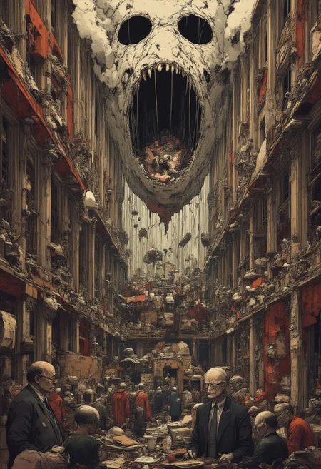 A highly detailed, artistic scene of a massive, decayed marionette theater where humanity itself is the puppet show. High above, unseen hands manipulate strings attached to countless people below—politicians, workers, soldiers, and citizens—each moving in perfect rhythm, unaware of their lack of control. Their hollow eyes and serene faces mask their obliviousness to the strings that bind them. The stage is grand yet rotting, its paint peeling as the performance continues. In the shadows, a few figures have cut their strings, standing freely but looking lost, uncertain of their own movements. Above, a giant, broken mask looms, cracked and crumbling, revealing only an empty void beneath—hinting that even the puppet masters may be blind to their own illusion of control.