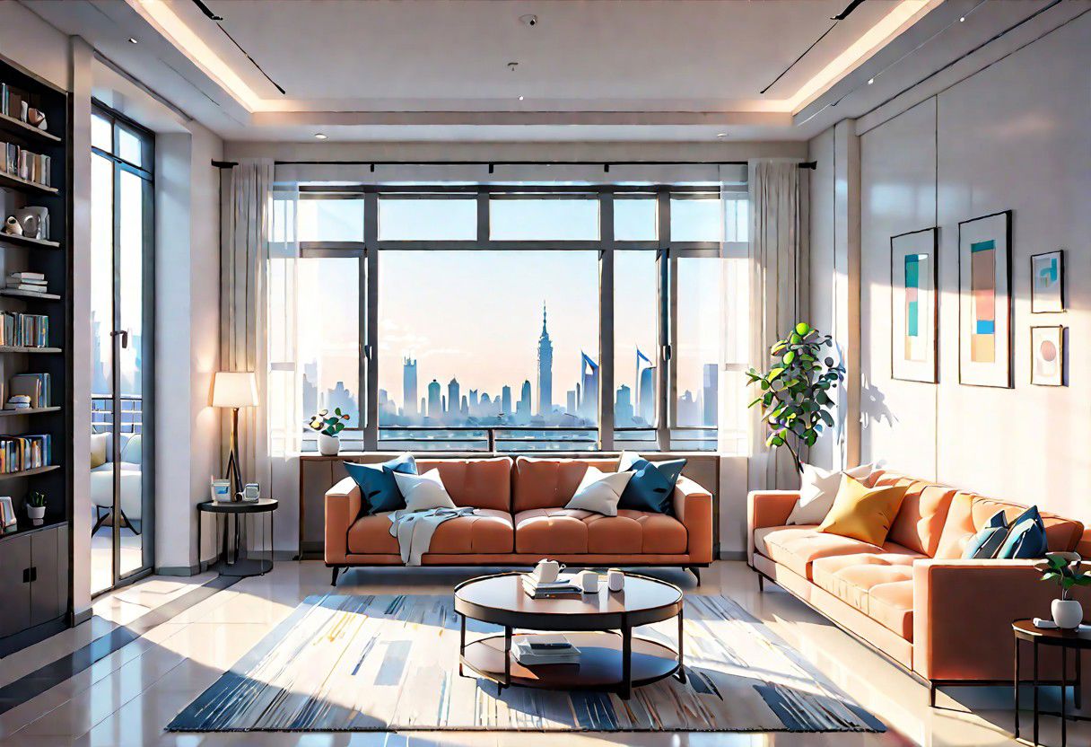 ((front view)), Shallow scene, ((animation style)), modern-style interior, with white walls, (large windows), a  study, Sofa, coffee table, bookcase, single wall, 
warm light morning sun, ((City high-rise building scenery)), (clear sky)