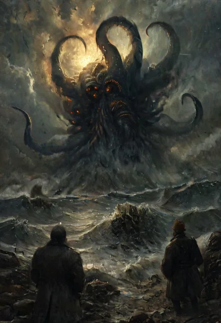 cinematic giant kraken, lovecraftian mythos, cthulhu mythos,
epic scene, no hymans,
in style of Ivan Aivazovsky
photorealistic