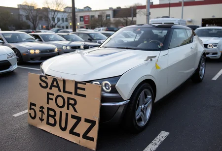 photo of a NISSAN_IDX CAR, the huge text on a cardboard sign reads "SALE FOR 5BUZZ", at a used car parking lot