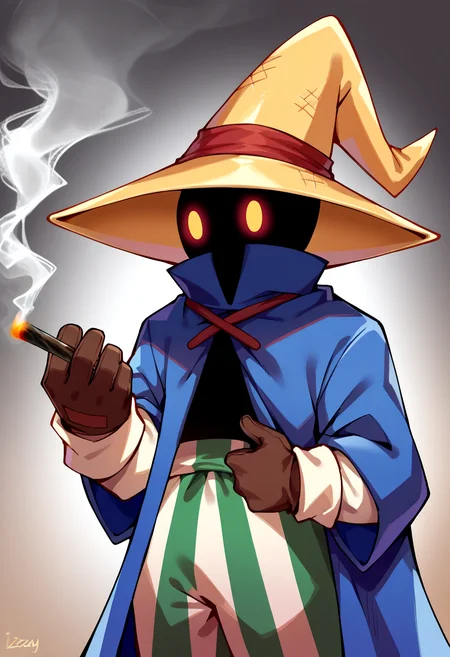 score_9, score_8_up, score_7_up, source_anime, BREAK, solo, 1boy, looking at viewer, <lora:Stoned-pdxl_Fp:1>, stoned, colored sclera, smoking, <lora:Ziggy-pdxl_Fp:1>, ziggy, yellow eyes, shaded face, faceless, no mouth, wizard hat, striped pants, cloak, robe, brown gloves, smoking, holding cigarette