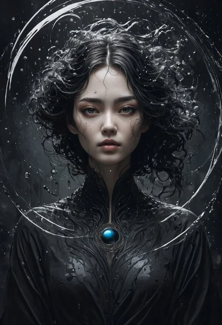 professional photography, omposition includes overlapping circles,  Splash art, a quirky liquid portrait of a hauntingly beautiful draw elegant,  and mystery. mythical, legendary, powerful, ((dark, evening)), cinematic, trending on ArtStation, (close-up))