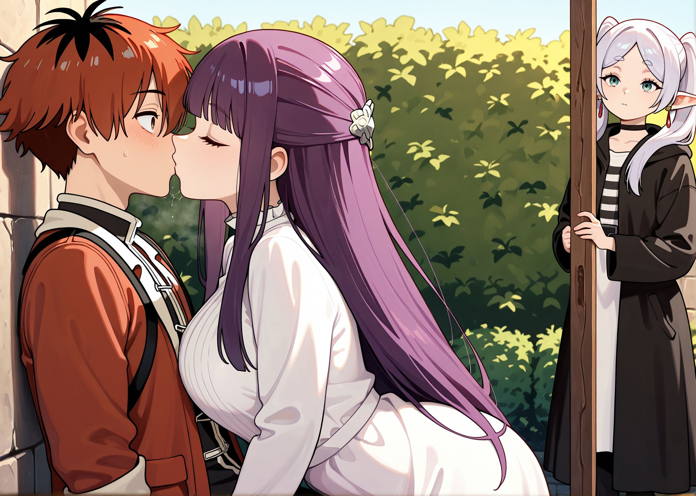 masterpiece,best quality,amazing quality,very aesthetic,absurdres,newest,huge filesize,
<lora:spo_sdxl_10ep_4k-data_lora_webui:0.5>,
<lora:add-detail-xl:1>  anime coloring,uncensored,
<lora:Forced_to_Watch_NTR:1>Forced_to_Watch_NTR,
2girls,1 boy,
kiss, looking at another, 
bush,
couple kiss,
closed eyes,
forced to watch, 
1girl is looking,
BREAK
red dress ,
stark \(sousou no frieren\), 
BREAK
 frieren, white dress,
fern \(sousou no frieren\),