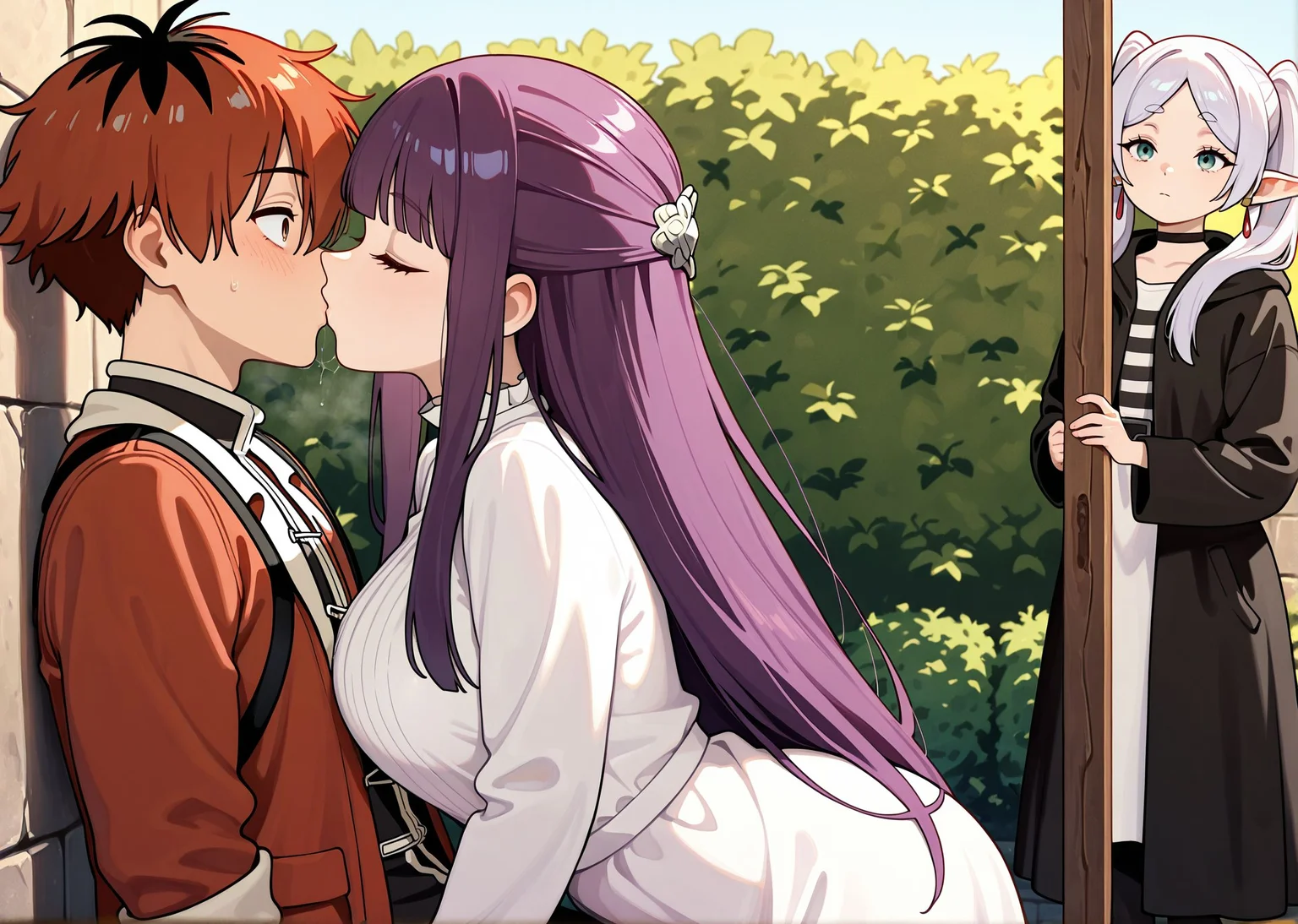 masterpiece,best quality,amazing quality,very aesthetic,absurdres,newest,huge filesize,
<lora:spo_sdxl_10ep_4k-data_lora_webui:0.5>,
<lora:add-detail-xl:1> anime coloring,uncensored,
<lora:Forced_to_Watch_NTR:1>Forced_to_Watch_NTR,
2girls,1 boy,
kiss, looking at another,
bush,
couple kiss,
closed eyes,
forced to watch,
1girl is looking,
BREAK
red dress ,
stark \(sousou no frieren\),
BREAK
frieren, white dress,
fern \(sousou no frieren\),