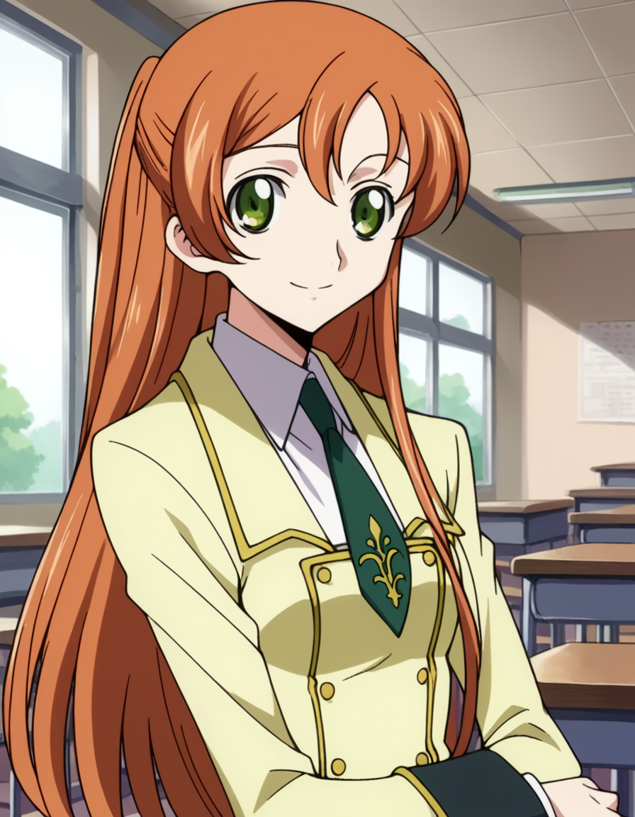 score_9, score_8_up, score_7_up, source_anime,
shirleyfenette, <lora:shirley-fenette-s1-ponyxl-lora-nochekaiser:1>,
shirley fenette, orange hair, green eyes, half updo, long hair,
ashford academy school uniform, buttons, long sleeves, necktie, school uniform,
indoors, classroom, smile,
looking at viewer, dutch angle, cowboy shot, solo,