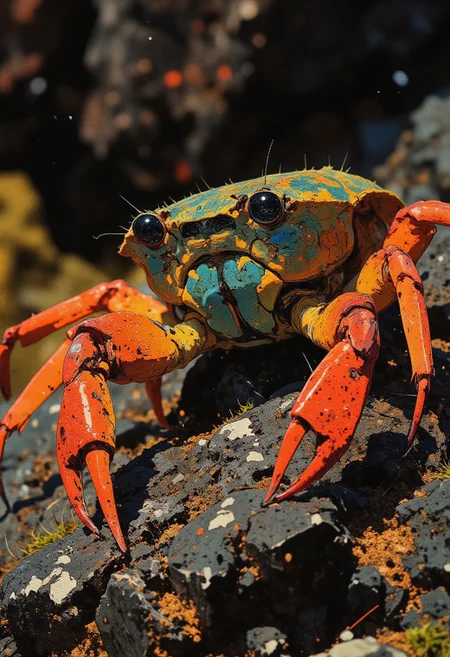 8K, masterpiece, ultra high-definition macro photography, ultra-detailed, Nikon D850, 105mm f/2.8 macro lens, soft diffused natural light — this hyper-detailed close-up photo captures a vibrant Sally Lightfoot crab (Grapsus grapsus) perched on a sun-warmed volcanic rock. Its vivid carapace displays intense hues of crimson, orange, and electric blue with razor-sharp clarity, each leg joint and scale rendered in stunning precision. The crab’s eyes glisten like dark glass beads, catching ambient light with crystalline brilliance. Fine grains of sand and salt cling to its legs and underbelly, emphasizing scale and realism. The textured rock beneath it is captured in rich, high-contrast detail, with rough, pitted surfaces, tiny moss patches, and shimmering droplets that suggest a recent tide. A shallow depth of field creates a creamy, soft blur in the background, amplifying the razor-sharp focus on the crab’s anatomy. Every nuance of the shell’s iridescence, each ridge and reflective surface, is illuminated to reveal a moment of perfect coastal life in breathtaking, museum-grade clarity.