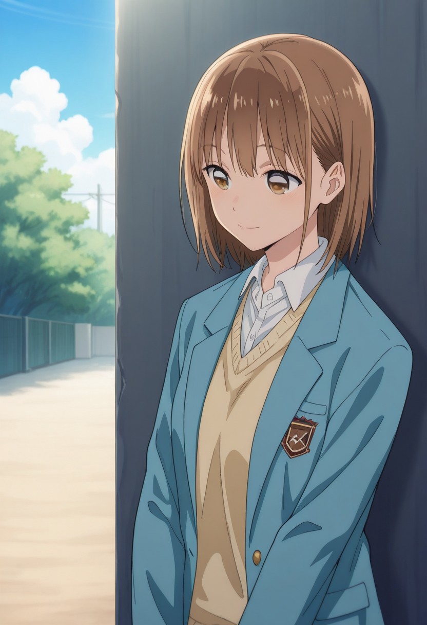 masterpiece,best quality,amazing quality, 
chinatsu, 1girl, solo, brown eyes, brown hair, bangs, school uniform, shirt, white shirt, collared shirt, cardigan, jacket, blazer, blue jacket, long sleeves, open jacket, open clothes, smile, outdoor, sky, day,