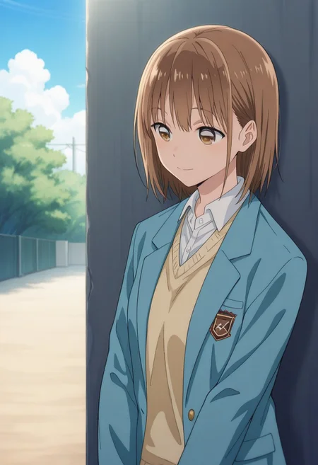 masterpiece,best quality,amazing quality,
chinatsu, 1girl, solo, brown eyes, brown hair, bangs, school uniform, shirt, white shirt, collared shirt, cardigan, jacket, blazer, blue jacket, long sleeves, open jacket, open clothes, smile, outdoor, sky, day,