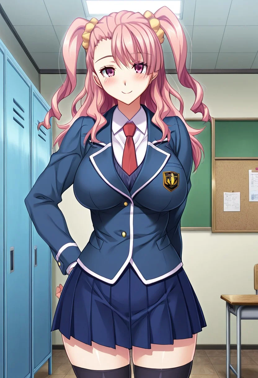 score_9,score_8_up,score_7_up,source_anime,5_figner,2d_animation,game cg,BREAK,1girl,solo,
Kamiizumi Rio,largebreast,
long hair,Pink eyes,pink hair,bangs,twintails,
school uniform,red necktie,blazer,blue skirt,pleated skirt,black thighhighs,zettai ryouiki,
cowboy shot,looking at viewer,smile,standing,front view,blush,
school,class room,locker,window,indoor,curtain,bulletin board,
masterpiece,best qualit,ultra-detailed,illustration,an extremely delicate and beautiful,beautiful detailed eyes,unity 8k wallpaper,high resolution,anime CG,official_art,