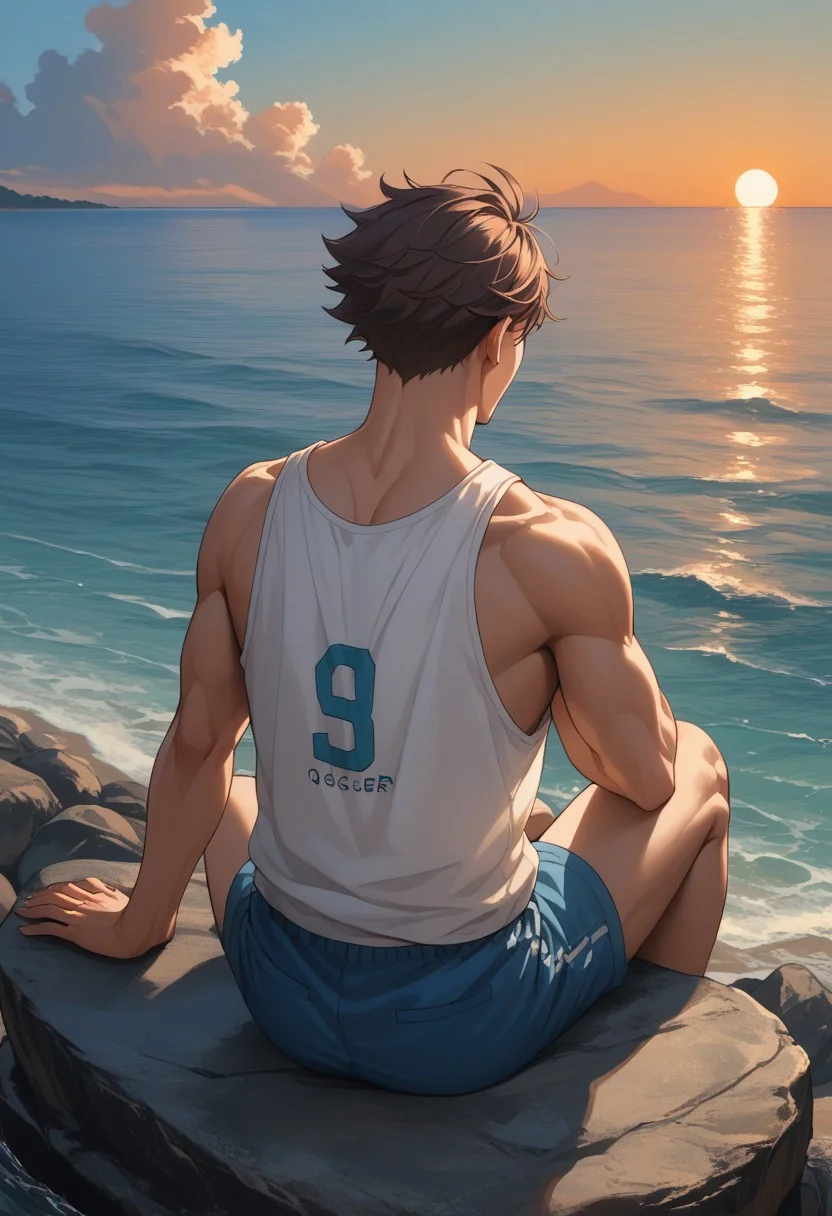 score_9, score_8_up, score_7_up, source_anime, rating_safe, Oikaikyu, 1boy, male focus, tank top, shorts, jogger, hands with five fingers, sitting on rock, from behind, sunrise, [[[rocks, ocean, from above]]], shadow