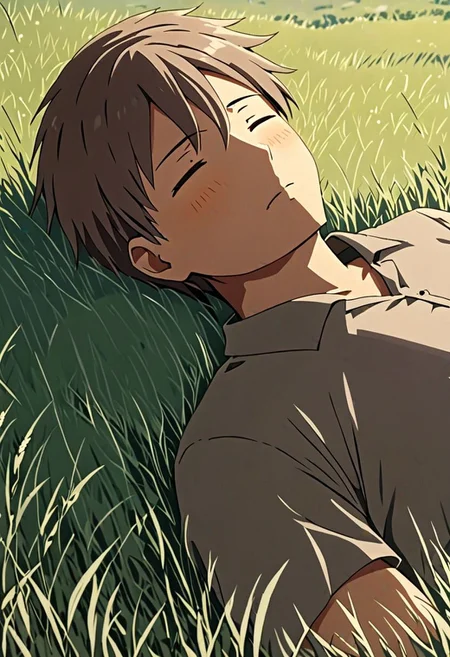 high resolution, solo, best quality, 1Boy, Takaki Toono, Brownish Hair, Brown Eyes, sleep, nap, grass, meadow hills, wind breeze, OverallDetail