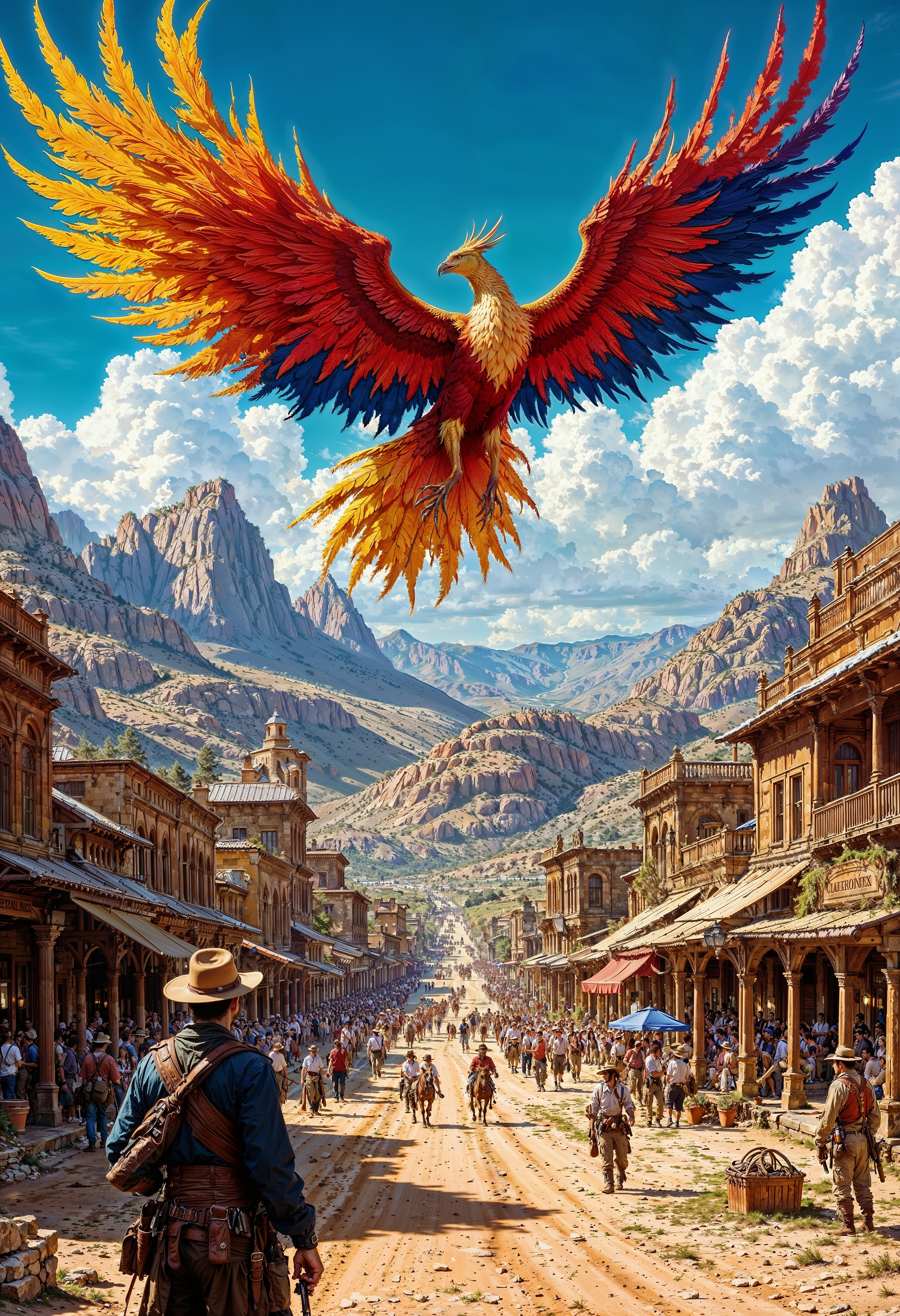 a vibrant, fantastical Wild West scene. The layout is vertical, showcasing a bustling western town with wooden buildings lining a dusty street. In the foreground, a cowboy with a hat and holstered gun stands, observing the scene. The town is filled with people engaged in various activities, with some riding horses. A large, colorful phoenix with radiant feathers in shades of red, yellow, and blue soars in the bright blue sky, drawing attention. A windmill stands prominently on the left, and rugged mountains rise in the background under fluffy clouds. The overall atmosphere combines elements of fantasy and classic western themes, creating a dynamic and imaginative setting.