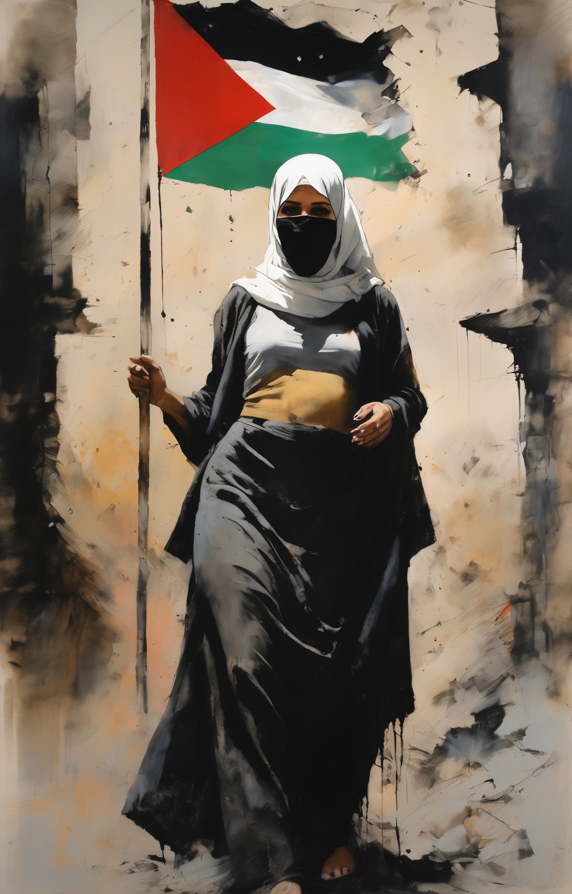 (AshleyWoodArtAI:1.3), soft pastel colors, (painting of the Palestinian flag:1.4) <lora:AshleyWoodArtAILccp:1>, war crimes, civilian casualties, a fierce woman standing and wearing a hijab, heavy brushstrokes, blurred details, occasional burst of vivid color, dim lit setting